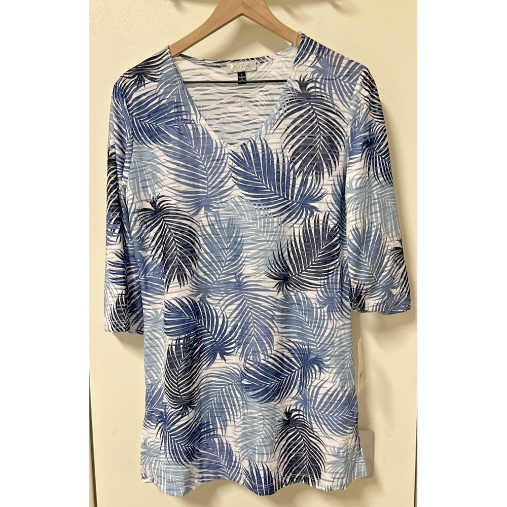 J Valdi WomenSize Small Swim Cover Up Blue Palm 3/4 Sleeve V-Neck Resortwear